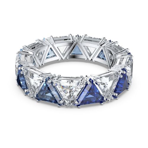 Anillo de cóctel Millenia, Cristales de talla triangular, Azul, Baño de rodio