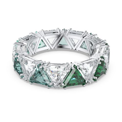Anillo de cóctel Millenia, Cristales de talla triangular, Verde, Baño de rodio