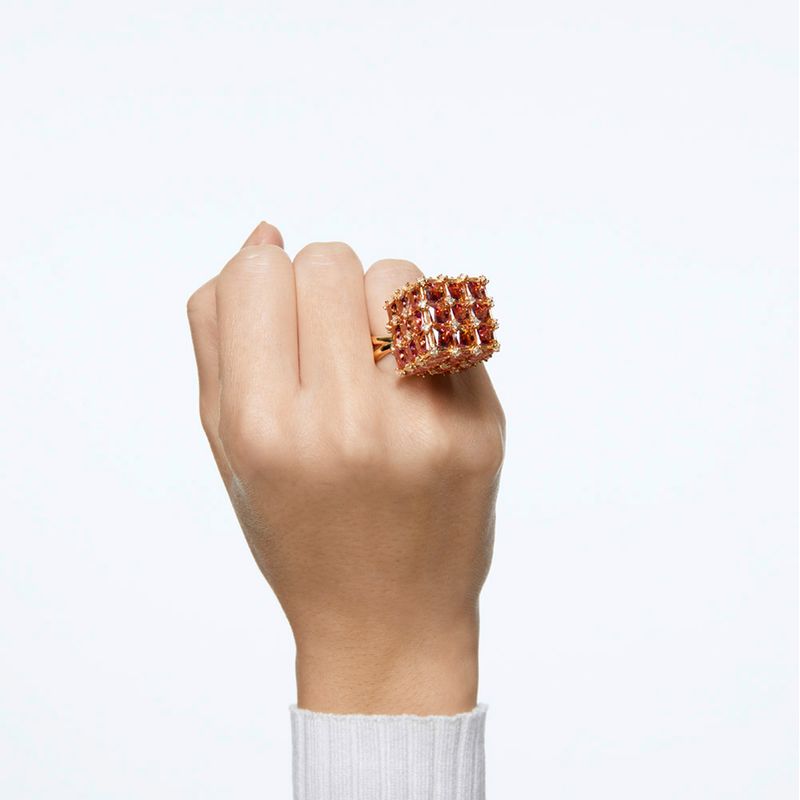 Anillo-de-coctel-Curiosa-Cuadrado-Naranja-Baño-tono-oro