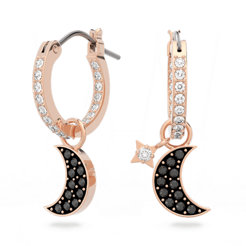 Pendientes de aro Swarovski Symbolic Moon, Luna y estrella, Negros, Baño tono oro rosa