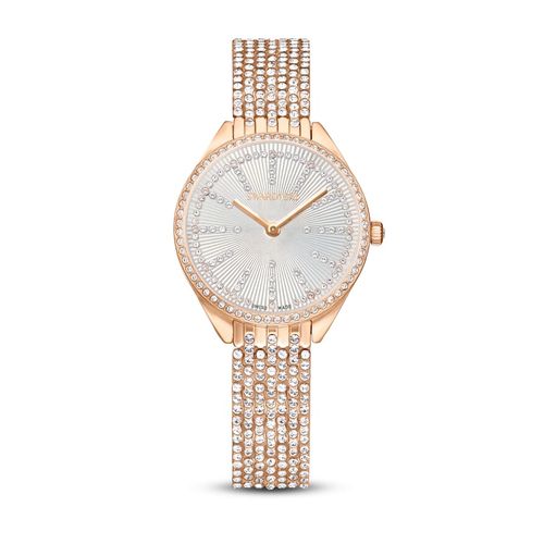 Reloj Attract, Fabricado en Suiza, Recubierto en pavé, Brazalete de metal, Tono oro rosa, Acabado tono oro rosa