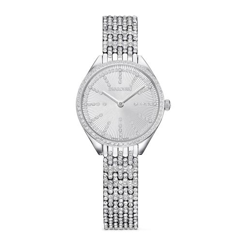 Reloj Attract, Fabricado en Suiza, Recubierto en pavé, Brazalete de metal, Tono plateado, Acero inoxidable