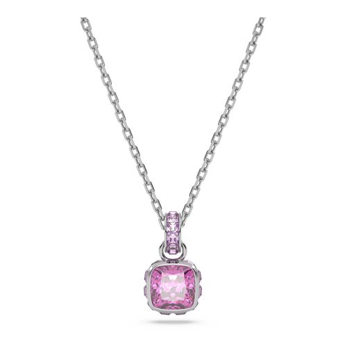 Colgante Birthstone, Talla cuadrada, Febrero, Rosa, Baño de rodio
