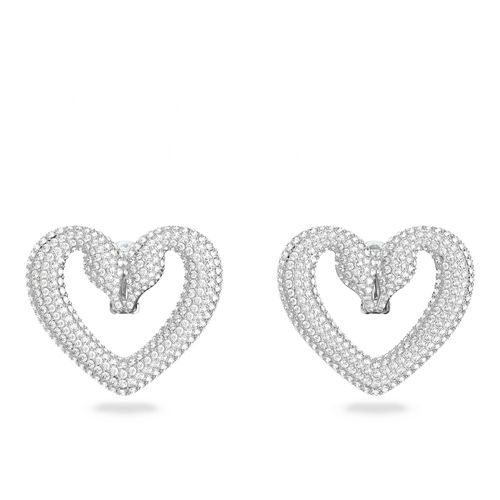 Aretes a presión Una, Corazón, Medianos, Blancos, Baño de rodio