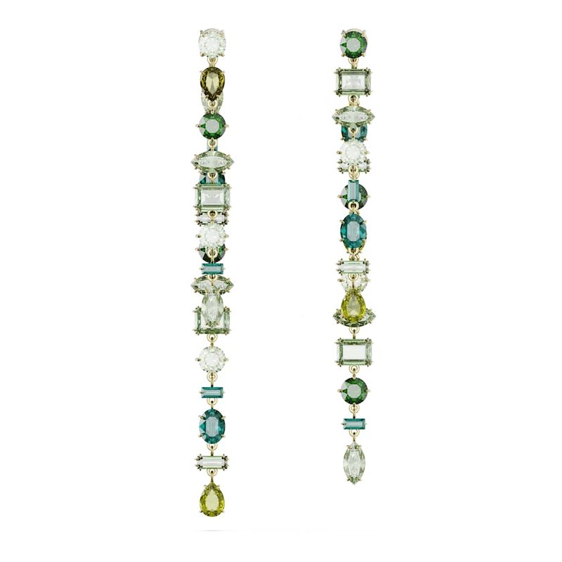 Pendientes-Gema-Diseño-asimetrico-Tallas-mixtas-Extralargos-Verdes-Baño-tono-oro
