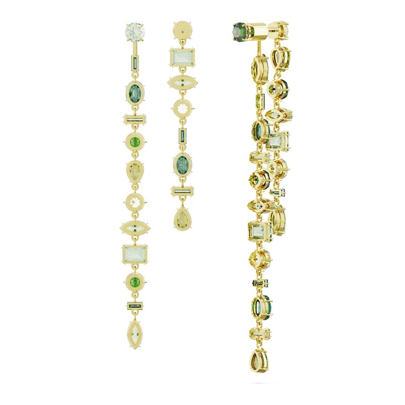 Pendientes-Gema-Diseño-asimetrico-Tallas-mixtas-Extralargos-Verdes-Baño-tono-oro