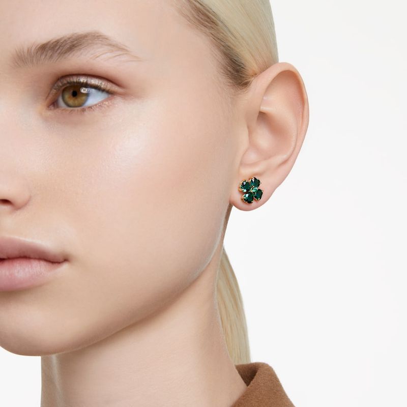 Pendientes-de-boton-Idyllia-Trebol-Verdes-Baño-tono-oro