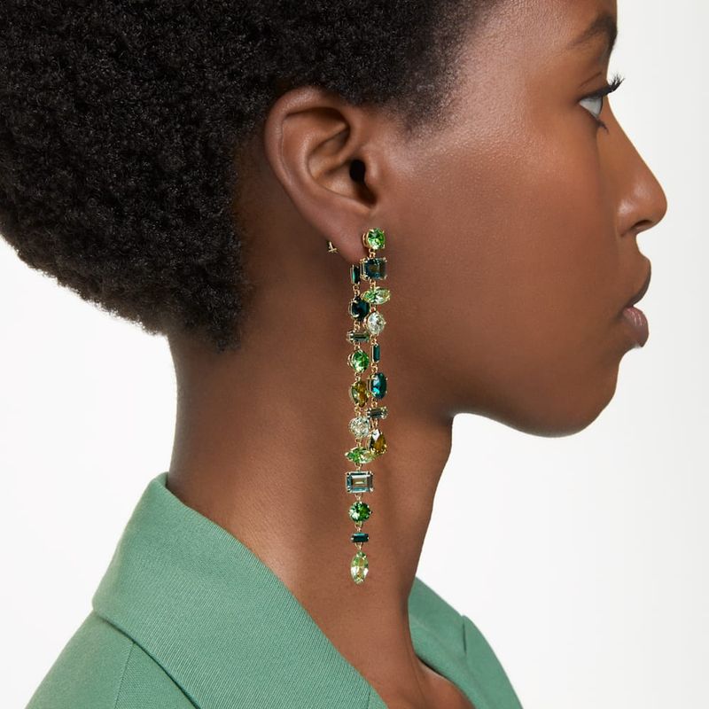 Pendientes-Gema-Diseño-asimetrico-Tallas-mixtas-Extralargos-Verdes-Baño-tono-oro