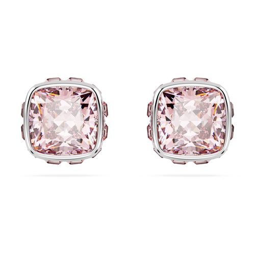 Pendientes de botón Birthstone, Talla cuadrada, Junio, Rosas, Recubrimiento en rodio