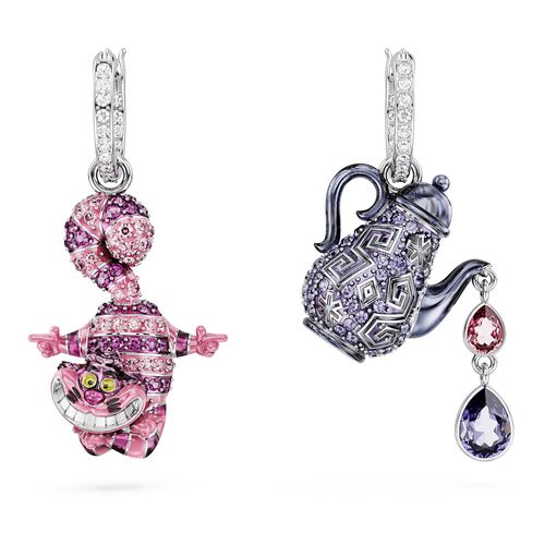 Pendientes Alice in Wonderland, Diseño asimétrico, Gato y tetera, Multicolores, Recubrimiento en rodio