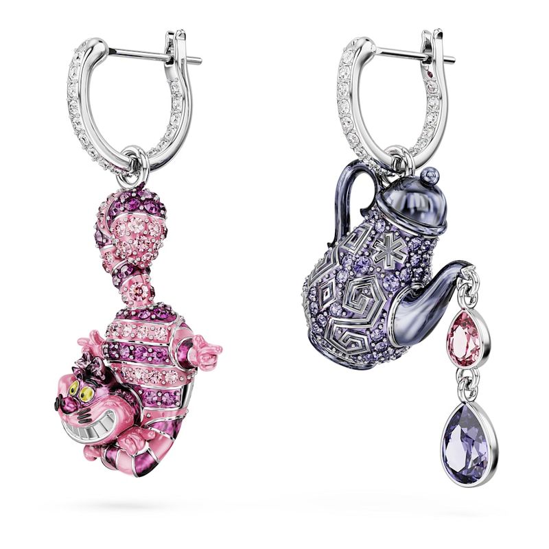 Pendientes-Alice-in-Wonderland-Diseño-asimetrico-Gato-y-tetera-Multicolores-Recubrimiento-en-rodio