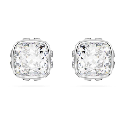 Pendientes de botón Birthstone, Talla cuadrada, Abril, Blancos, Recubrimiento en rodio