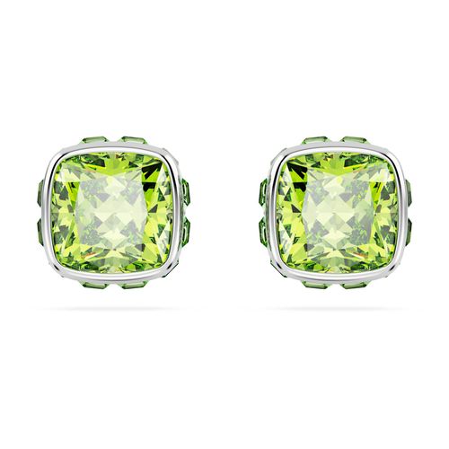 Pendientes de botón Birthstone, Talla cuadrada, Agosto, Verdes, Recubrimiento en rodio