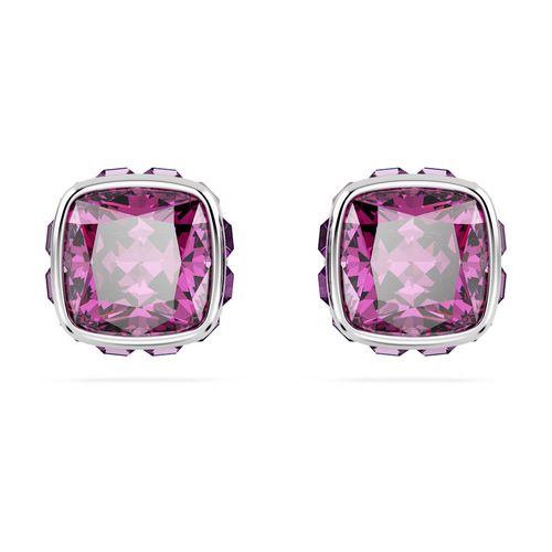 Pendientes de botón Birthstone, Talla cuadrada, Febrero, Morados, Recubrimiento en rodio