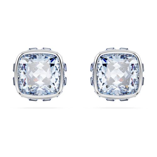 Pendientes de botón Birthstone, Talla cuadrada, Marzo, Azules, Recubrimiento en rodio
