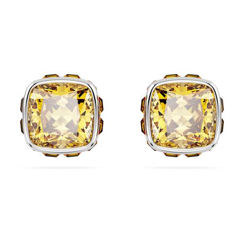 Pendientes de botón Birthstone, Talla cuadrada, Noviembre, Amarillos, Recubrimiento en rodio