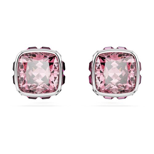 Pendientes de botón Birthstone, Talla cuadrada, Octubre, Rosas, Recubrimiento en rodio