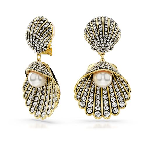 Pendientes de clip Idyllia, Crystal Pearl, Concha de mar, Blancos, Recubrimiento tono oro