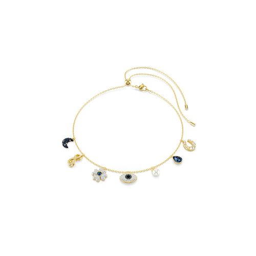 Gargantilla Symbolica, Luna, símbolo del infinito, trébol, ojo turco y herradura, Azul, Recubrimiento tono oro