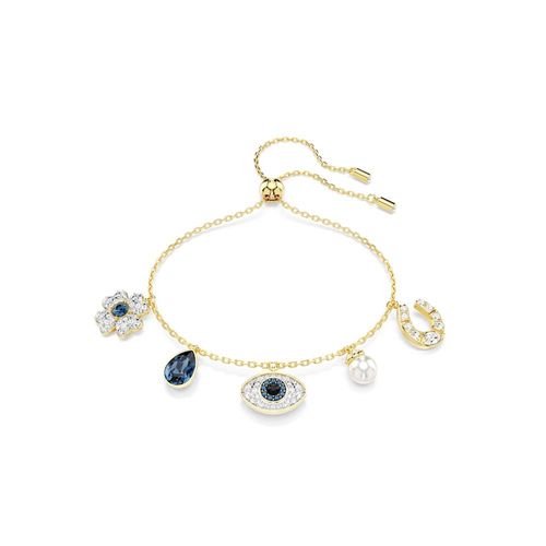 Pulsera Symbolica, Trébol, ojo turco y herradura, Azul, Recubrimiento tono oro