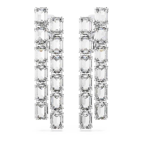 Pendientes de clip Millenia, Talla octogonal, Largos, Blancos, Baño de rodio