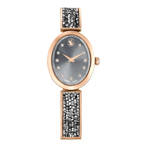 Reloj Crystal Rock Oval, Fabricado en Suiza, Pulsera de cristal, Gris, Acabado tono oro rosa