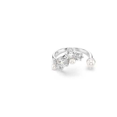 Anillo abierto Constella, Crystal Pearl, Tallas redondas, Blanco, Baño de rodio