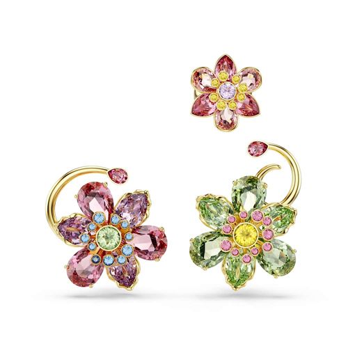 Pendiente ear cuff Idyllia, Set (3), Diseño asimétrico, Tallas mixtas, Flor, Multicolor, Baño tono oro