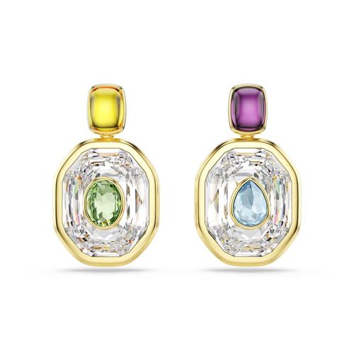Pendientes Chroma, Diseño asimétrico, Talla octogonal, Multicolores, Baño tono oro