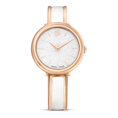 Reloj Crystalline Bangle, Fabricado en Suiza, Brazalete de metal, Blanco, Acabado tono oro rosa