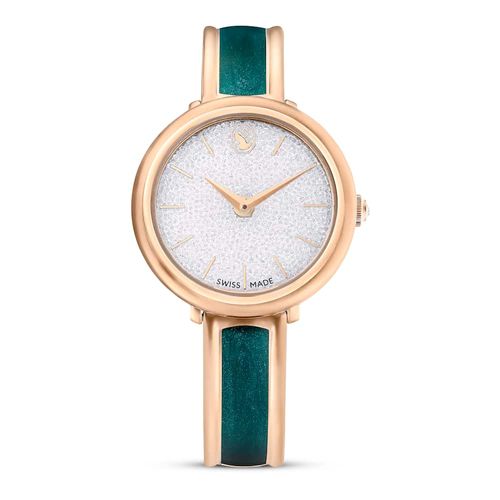 Reloj Crystalline Bangle, Fabricado en Suiza, Brazalete de metal, Verde, Acabado tono oro rosa
