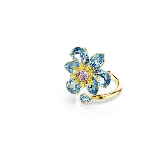 Anillo abierto Idyllia, Tallas mixtas, Flor, Azul, Baño tono oro