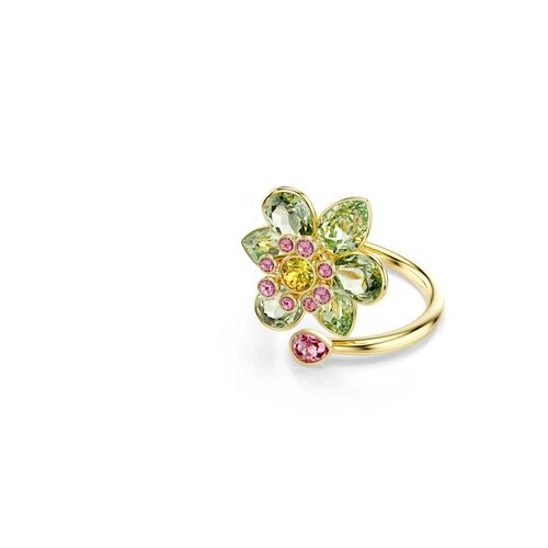 Anillo abierto Idyllia, Tallas mixtas, Flor, Verde, Baño tono oro
