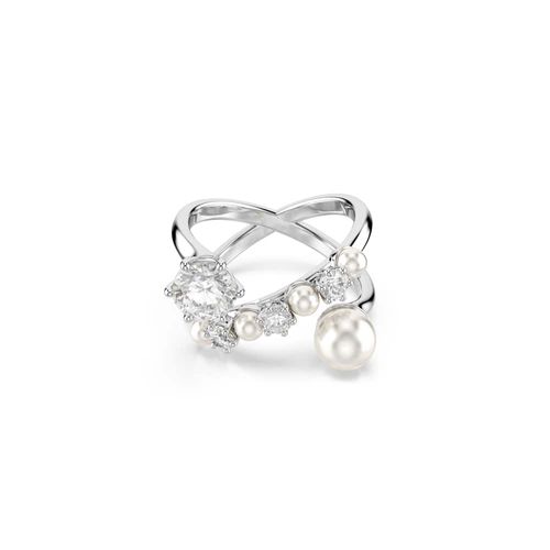 Anillo de cóctel Matrix, Perla de cristal, Talla redonda, Blanco, Baño de rodio