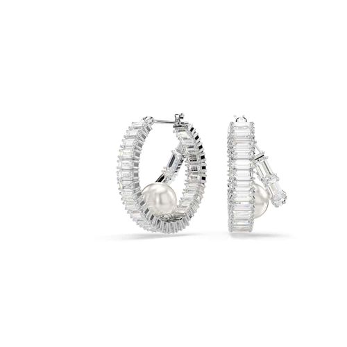 Pendientes de aro Ariana Grande x Swarovski, Crystal Pearl, Talla baguette, Blancos, Baño de rodio