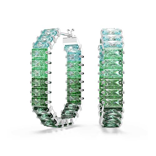 Pendientes de aro Matrix, Talla baguette, Verdes, Baño de rodio SWA5705787