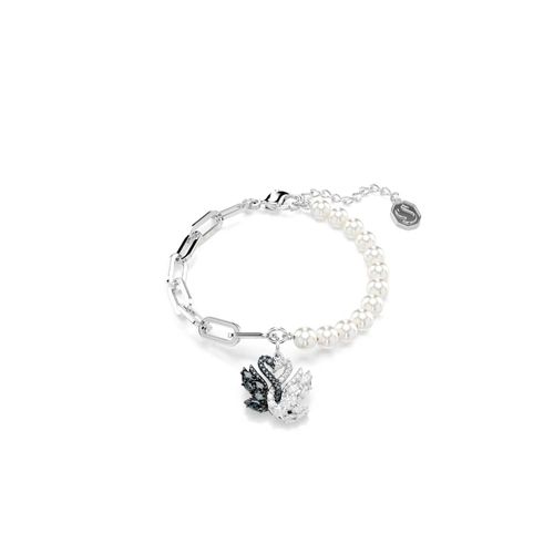 Pulsera Swan, Perla de cristal, Cisne, Negra, Baño de rodio