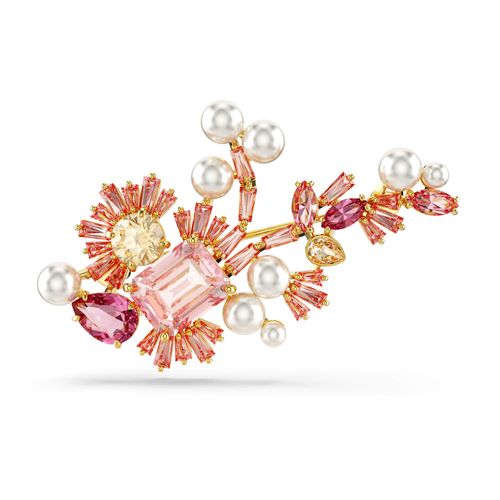 Broche Gema, Perla de cristal, Tallas mixtas, Flor, Rosa, Baño tono oro