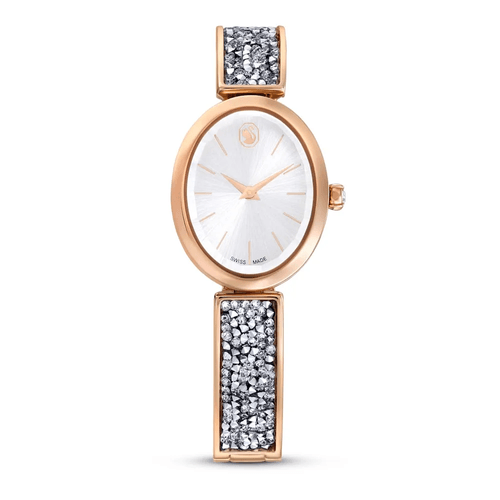 Reloj Crystal Rock Oval, Fabricado en Suiza, Brazalete de metal, Tono oro rosa, Acabado tono oro rosa