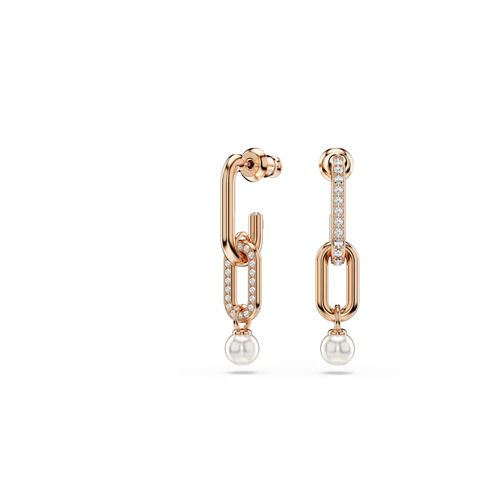 Pendientes Constella, Perla de cristal, Talla redonda, Blancos, Baño tono oro rosa