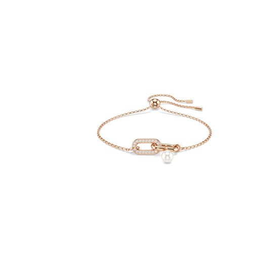 Pulsera Constella, Perla de cristal, Talla redonda, Blanca, Baño tono oro rosa